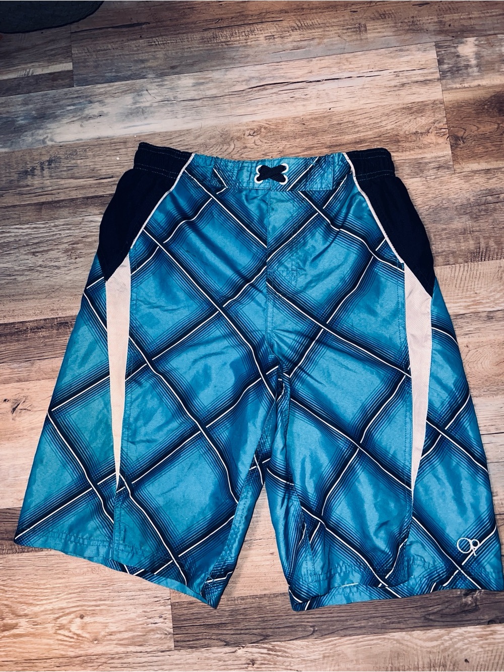 OP Kids Blue Teal Plaid Swim Trunks with White Accents